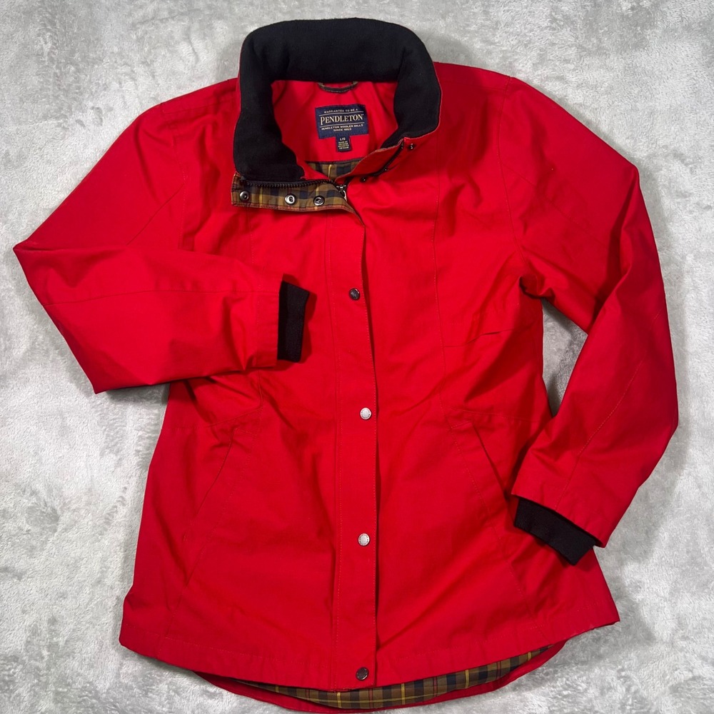 Pendleton Red Hooded Rain Jacket Plaid Lined Water Resistant Coat Women Large